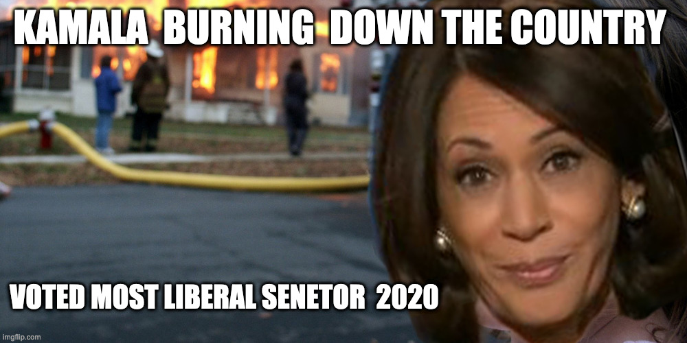 Harris Burning the country | KAMALA  BURNING  DOWN THE COUNTRY; VOTED MOST LIBERAL SENETOR  2020 | image tagged in harris burning america,meme,funny,harris | made w/ Imgflip meme maker