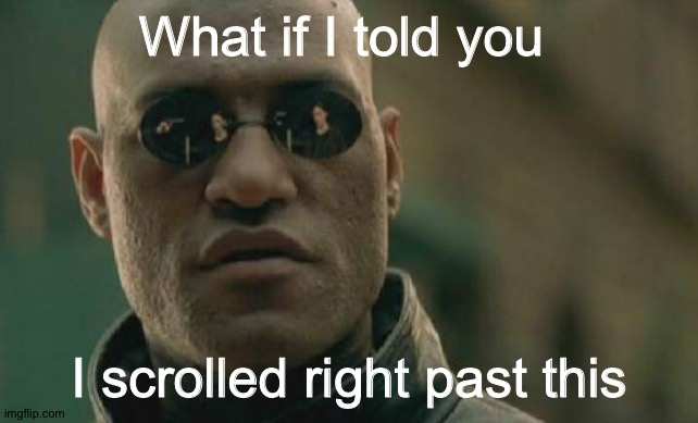 Matrix Morpheus Meme | What if I told you I scrolled right past this | image tagged in memes,matrix morpheus | made w/ Imgflip meme maker