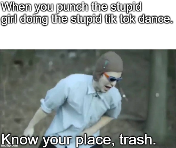 Tik Tok is TRASH | When you punch the stupid girl doing the stupid tik tok dance. Know your place, trash. | image tagged in know your place frank | made w/ Imgflip meme maker