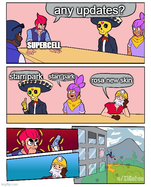 Brawl Stars Boardroom Meeting Suggestion | any updates? SUPERCELL; starr park; starr park; rosa new skin | image tagged in brawl stars boardroom meeting suggestion,brawl stars | made w/ Imgflip meme maker