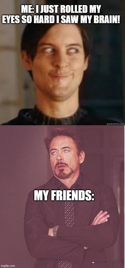 ME: I JUST ROLLED MY EYES SO HARD I SAW MY BRAIN! MY FRIENDS: | image tagged in memes,face you make robert downey jr | made w/ Imgflip meme maker