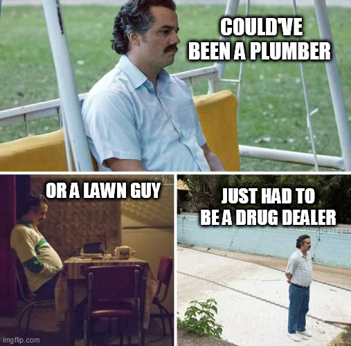 Sad Pablo Escobar Meme | COULD'VE BEEN A PLUMBER; OR A LAWN GUY; JUST HAD TO BE A DRUG DEALER | image tagged in memes,sad pablo escobar | made w/ Imgflip meme maker