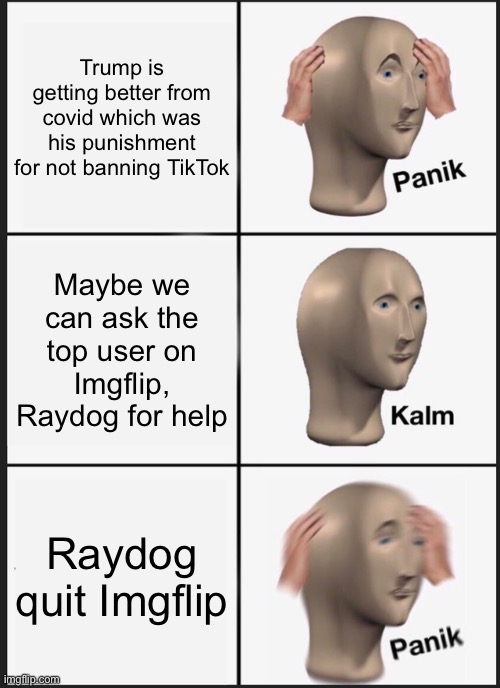 Why, Raydog, why? | Trump is getting better from covid which was his punishment for not banning TikTok; Maybe we can ask the top user on Imgflip, Raydog for help; Raydog quit Imgflip | image tagged in memes,panik kalm panik | made w/ Imgflip meme maker