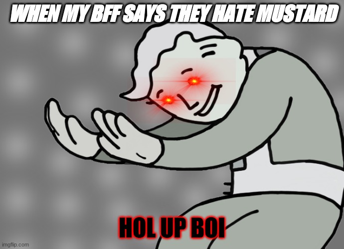 Hol up | WHEN MY BFF SAYS THEY HATE MUSTARD; HOL UP BOI | image tagged in hol up | made w/ Imgflip meme maker