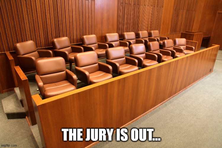 THE JURY IS OUT | THE JURY IS OUT... | image tagged in jury,jury box,jury is out | made w/ Imgflip meme maker