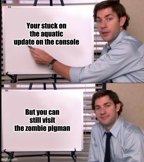 Jim Halpert Pointing to Whiteboard | Your stuck on the aquatic update on the console; But you can still visit the zombie pigman | image tagged in jim halpert pointing to whiteboard | made w/ Imgflip meme maker