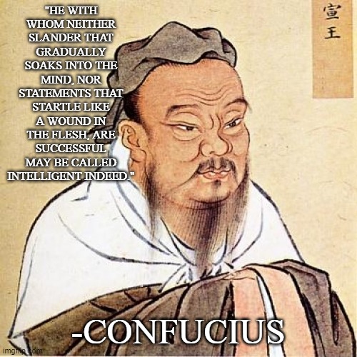 Confucius | "HE WITH WHOM NEITHER SLANDER THAT GRADUALLY SOAKS INTO THE MIND, NOR STATEMENTS THAT STARTLE LIKE A WOUND IN THE FLESH, ARE SUCCESSFUL MAY  | image tagged in confucius | made w/ Imgflip meme maker