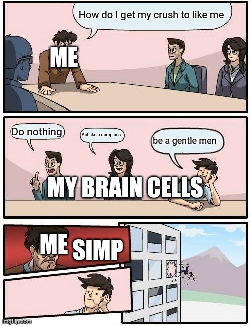S to The I to The M to the P simp | How do I get my crush to like me; ME; Do nothing; Act like a dump ass; be a gentle men; MY BRAIN CELLS; ME; SIMP | image tagged in memes,boardroom meeting suggestion,simp,crush,brain | made w/ Imgflip meme maker