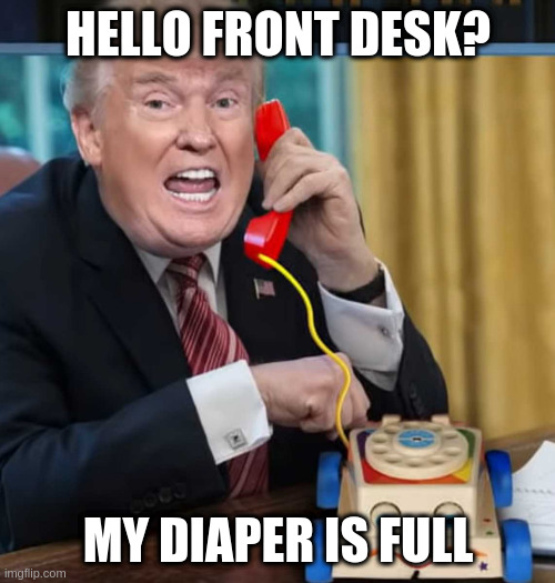 I'm the president | HELLO FRONT DESK? MY DIAPER IS FULL | image tagged in im the president | made w/ Imgflip meme maker