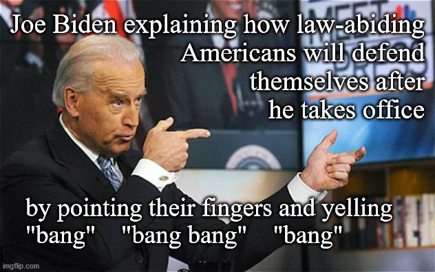 Biden gun control | Joe Biden explaining how law-abiding
Americans will defend
themselves after
he takes office; by pointing their fingers and yelling
"bang"    "bang bang"    "bang" | image tagged in gun control | made w/ Imgflip meme maker