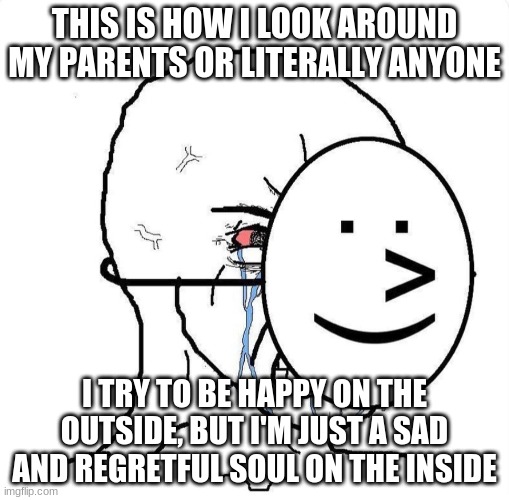 This is why, I hate school, SO much | THIS IS HOW I LOOK AROUND MY PARENTS OR LITERALLY ANYONE; I TRY TO BE HAPPY ON THE OUTSIDE, BUT I'M JUST A SAD AND REGRETFUL SOUL ON THE INSIDE | image tagged in dying inside | made w/ Imgflip meme maker