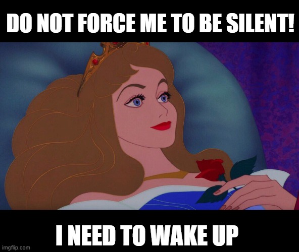 sleeping beauty feminism | DO NOT FORCE ME TO BE SILENT! I NEED TO WAKE UP | image tagged in aurora | made w/ Imgflip meme maker
