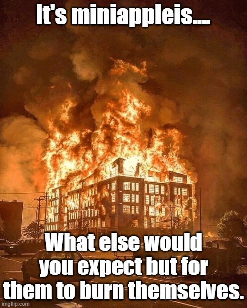 minneapolis burns | It's miniappleis.... What else would you expect but for them to burn themselves. | image tagged in minneapolis burns | made w/ Imgflip meme maker