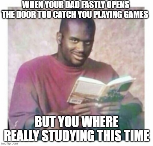 me :) | WHEN YOUR DAD FASTLY OPENS THE DOOR TOO CATCH YOU PLAYING GAMES; BUT YOU WHERE REALLY STUDYING THIS TIME | image tagged in dad | made w/ Imgflip meme maker
