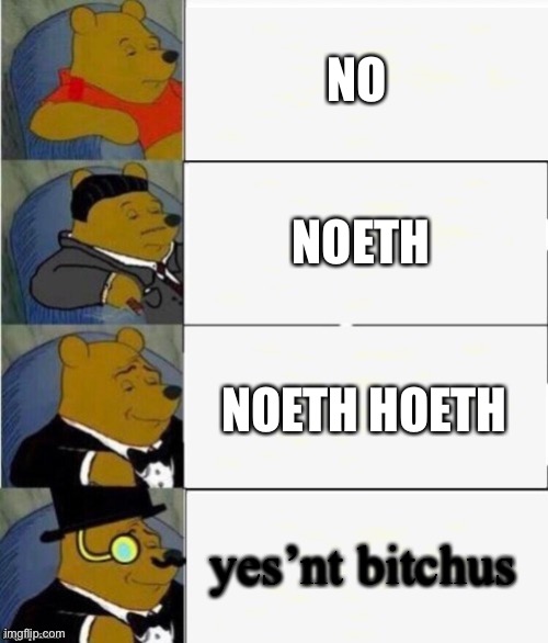 Tuxedo Winnie the Pooh 4 panel | NO NOETH NOETH HOETH yes’nt bitchus | image tagged in tuxedo winnie the pooh 4 panel | made w/ Imgflip meme maker