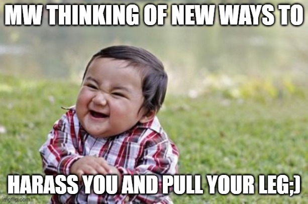 Evil Toddler | MW THINKING OF NEW WAYS TO; HARASS YOU AND PULL YOUR LEG;) | image tagged in memes,evil toddler | made w/ Imgflip meme maker