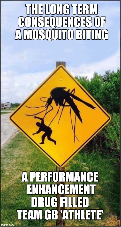 Unforeseen Consequences Of Rio 2016 ! | THE LONG TERM CONSEQUENCES OF A MOSQUITO BITING; A PERFORMANCE  ENHANCEMENT DRUG FILLED TEAM GB 'ATHLETE' | image tagged in 2016 rio olympics,mosquito attack,drugs | made w/ Imgflip meme maker