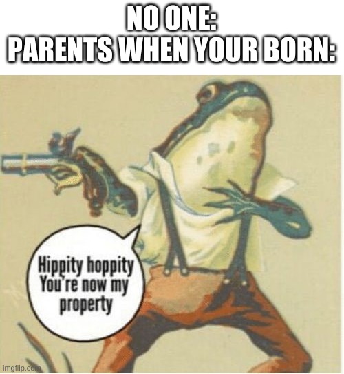 yyyyyyeeeeeeaaaaaa | NO ONE:
PARENTS WHEN YOUR BORN: | image tagged in hippity hoppity you're now my property | made w/ Imgflip meme maker