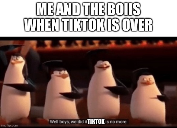 Well boys, we did it (blank) is no more | ME AND THE BOIIS WHEN TIKTOK IS OVER; TIKTOK | image tagged in well boys we did it blank is no more,tiktok,me and the boys,yay,meme,hate | made w/ Imgflip meme maker