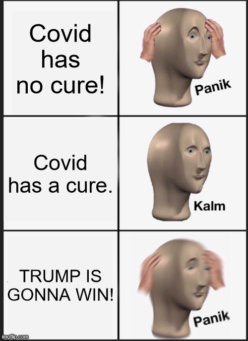 Failing mainstream media be like... | Covid has no cure! Covid has a cure. TRUMP IS GONNA WIN! | image tagged in memes,panik kalm panik | made w/ Imgflip meme maker
