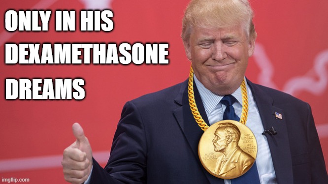 No Peace Prize for you! | ONLY IN HIS; DEXAMETHASONE; DREAMS | image tagged in trump is a moron,trump unfit unqualified dangerous,covid19,steroids,nobel prize | made w/ Imgflip meme maker