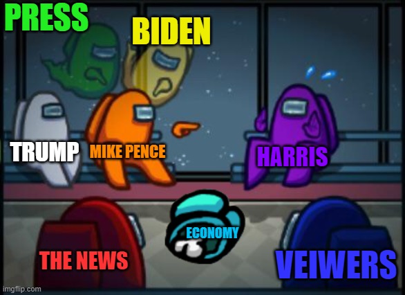 TRUMP 2020 | PRESS; BIDEN; TRUMP; MIKE PENCE; HARRIS; ECONOMY; THE NEWS; VEIWERS | image tagged in among us blame | made w/ Imgflip meme maker