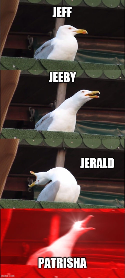 bird | JEFF; JEEBY; JERALD; PATRISHA | image tagged in memes,inhaling seagull | made w/ Imgflip meme maker