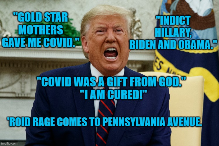 The Man In Charge Is Out Of Control. | "INDICT HILLARY, BIDEN AND OBAMA."; "GOLD STAR MOTHERS GAVE ME COVID."; "COVID WAS A GIFT FROM GOD."
  "I AM CURED!"; 'ROID RAGE COMES TO PENNSYLVANIA AVENUE. | image tagged in politics | made w/ Imgflip meme maker