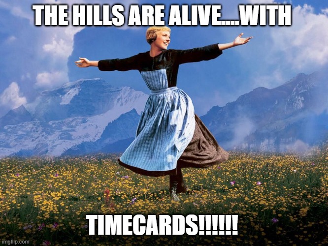 Maria Sound of Music | THE HILLS ARE ALIVE....WITH; TIMECARDS!!!!!! | image tagged in maria sound of music | made w/ Imgflip meme maker