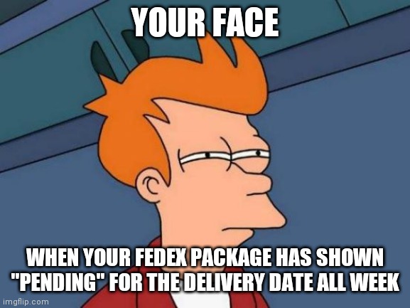 I think Fedex should be hiring soon.....really really should... | YOUR FACE; WHEN YOUR FEDEX PACKAGE HAS SHOWN "PENDING" FOR THE DELIVERY DATE ALL WEEK | image tagged in memes,futurama fry,fedex | made w/ Imgflip meme maker