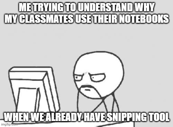 Is it just me | ME TRYING TO UNDERSTAND WHY MY CLASSMATES USE THEIR NOTEBOOKS; WHEN WE ALREADY HAVE SNIPPING TOOL | image tagged in memes,computer guy | made w/ Imgflip meme maker