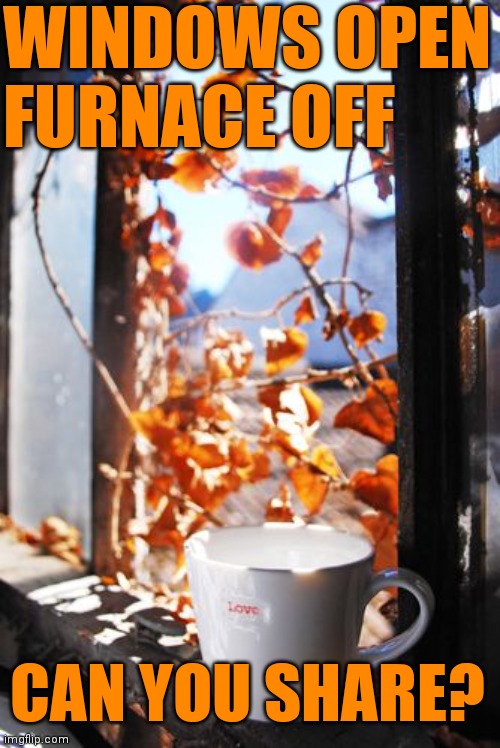 ''NO FURNACE '' Challenge | WINDOWS OPEN FURNACE OFF; CAN YOU SHARE? | image tagged in autumn,love fall,cold weather,coffee and tea | made w/ Imgflip meme maker