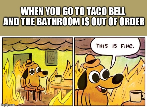 This Is Fine Meme | WHEN YOU GO TO TACO BELL 
AND THE BATHROOM IS OUT OF ORDER | image tagged in memes,this is fine,taco bell,tacos,taco,taco tuesday | made w/ Imgflip meme maker