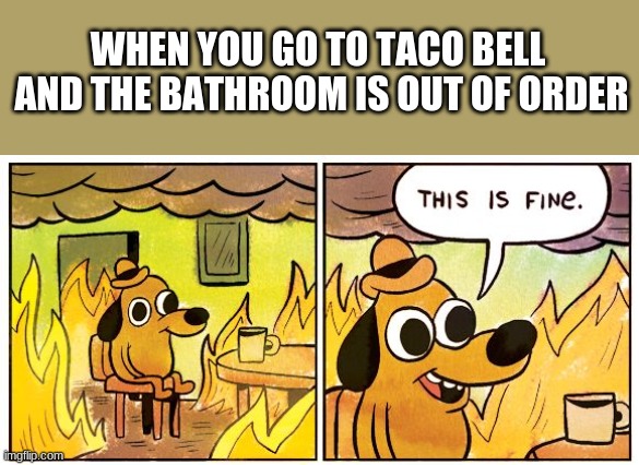 This Is Fine | WHEN YOU GO TO TACO BELL 
AND THE BATHROOM IS OUT OF ORDER | image tagged in memes,this is fine,taco bell,tacos,taco,taco tuesday | made w/ Imgflip meme maker