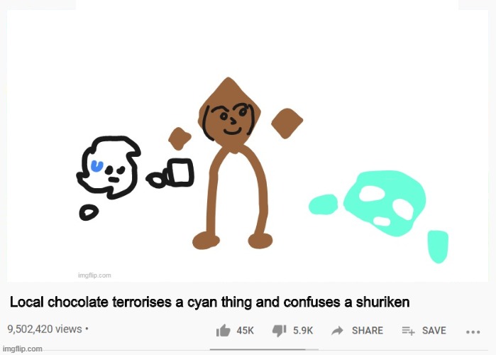 Don't ask why- | Local chocolate terrorises a cyan thing and confuses a shuriken | made w/ Imgflip meme maker