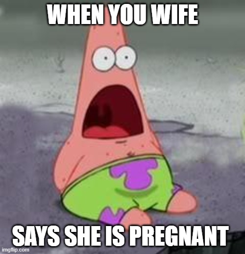 Suprised Patrick | WHEN YOU WIFE; SAYS SHE IS PREGNANT | image tagged in suprised patrick | made w/ Imgflip meme maker