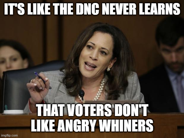 Kamala Harris | IT'S LIKE THE DNC NEVER LEARNS THAT VOTERS DON'T LIKE ANGRY WHINERS | image tagged in kamala harris | made w/ Imgflip meme maker