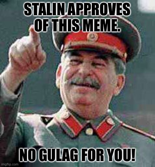 Stalin says | STALIN APPROVES OF THIS MEME. NO GULAG FOR YOU! | image tagged in stalin says | made w/ Imgflip meme maker