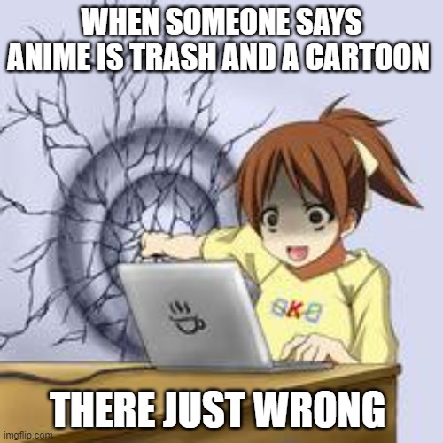 Anime wall punch | WHEN SOMEONE SAYS ANIME IS TRASH AND A CARTOON; THERE JUST WRONG | image tagged in anime wall punch | made w/ Imgflip meme maker