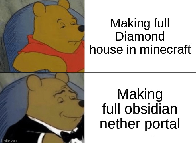 Tuxedo Winnie the pooh | Making full Diamond house in minecraft; Making full obsidian nether portal | image tagged in memes,tuxedo winnie the pooh | made w/ Imgflip meme maker