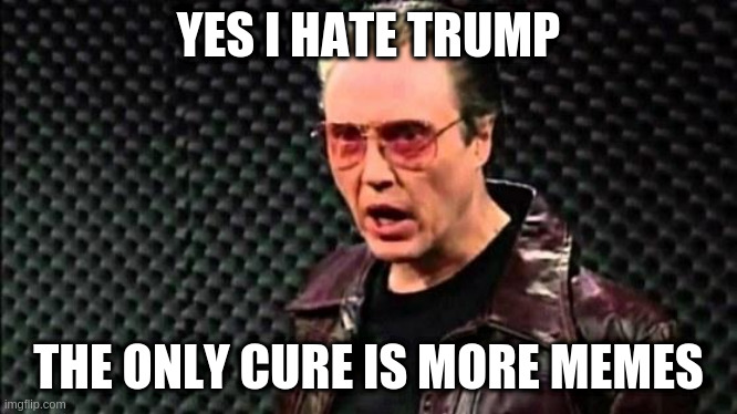 Christopher Walken Cowbell | YES I HATE TRUMP; THE ONLY CURE IS MORE MEMES | image tagged in christopher walken cowbell | made w/ Imgflip meme maker