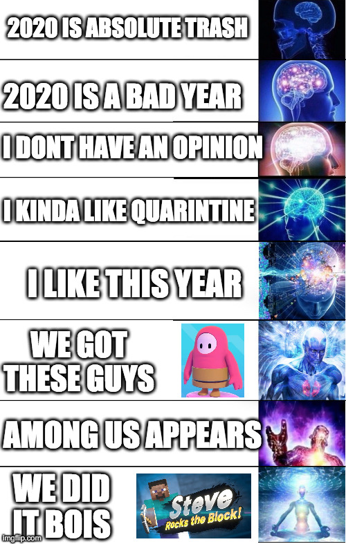 Expand Brain 8 | 2020 IS ABSOLUTE TRASH; 2020 IS A BAD YEAR; I DONT HAVE AN OPINION; I KINDA LIKE QUARINTINE; I LIKE THIS YEAR; WE GOT THESE GUYS; AMONG US APPEARS; WE DID IT BOIS | image tagged in expand brain 8 | made w/ Imgflip meme maker