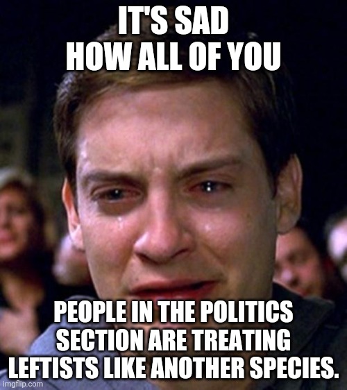 At this point, it's just horrible how leftists are being treated. | IT'S SAD HOW ALL OF YOU; PEOPLE IN THE POLITICS SECTION ARE TREATING LEFTISTS LIKE ANOTHER SPECIES. | image tagged in crying peter parker,democrat,democrats,leftist,leftists,cyberbullying | made w/ Imgflip meme maker