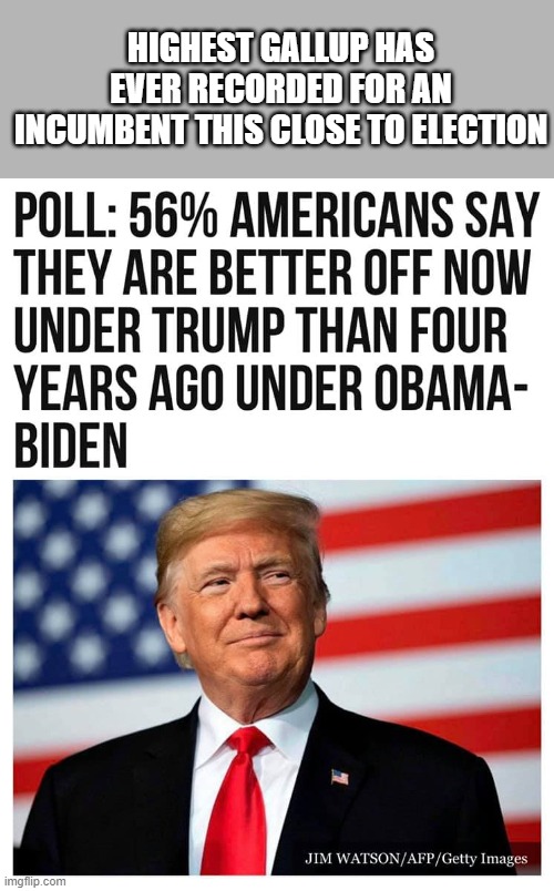 What?  We are in a pandemic/recession--7.9% unemployment and over half the country say they are better than under Obama. lol | HIGHEST GALLUP HAS EVER RECORDED FOR AN INCUMBENT THIS CLOSE TO ELECTION | image tagged in obama,trump,politics,political meme | made w/ Imgflip meme maker