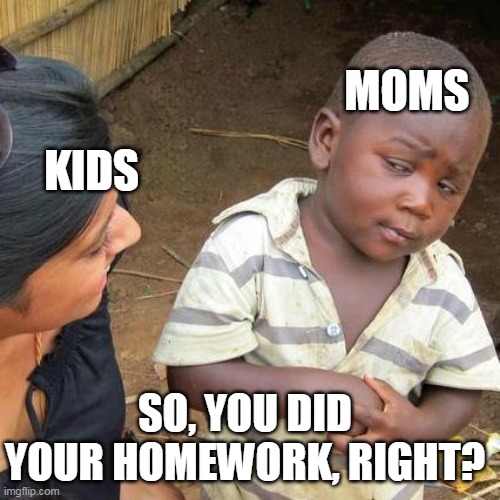 Third World Skeptical Kid | MOMS; KIDS; SO, YOU DID YOUR HOMEWORK, RIGHT? | image tagged in memes,third world skeptical kid | made w/ Imgflip meme maker