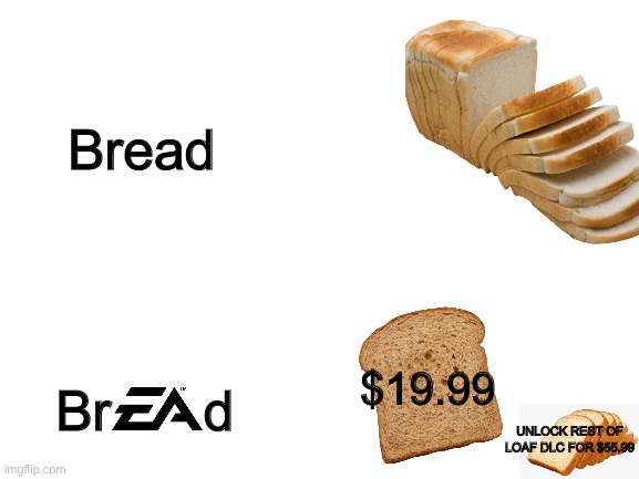 brEAd | Bread; $19.99; Br      d; UNLOCK REST OF LOAF DLC FOR $55.99 | image tagged in blank white template | made w/ Imgflip meme maker