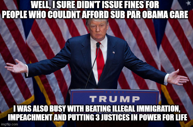 Donald Trump | WELL, I SURE DIDN'T ISSUE FINES FOR PEOPLE WHO COULDNT AFFORD SUB PAR OBAMA CARE I WAS ALSO BUSY WITH BEATING ILLEGAL IMMIGRATION,  IMPEACHM | image tagged in donald trump | made w/ Imgflip meme maker