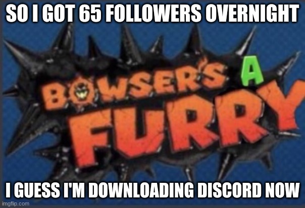 Wow, that was fast | SO I GOT 65 FOLLOWERS OVERNIGHT; I GUESS I'M DOWNLOADING DISCORD NOW | image tagged in bowser's a furry | made w/ Imgflip meme maker