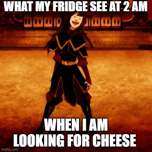 what my fridge sees | WHAT MY FRIDGE SEE AT 2 AM; WHEN I AM LOOKING FOR CHEESE | image tagged in crazy azula | made w/ Imgflip meme maker