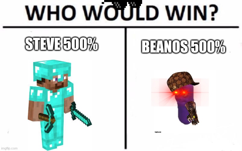 Round 2.. Put in the comments your answer. | STEVE 500%; BEANOS 500% | image tagged in memes,who would win | made w/ Imgflip meme maker
